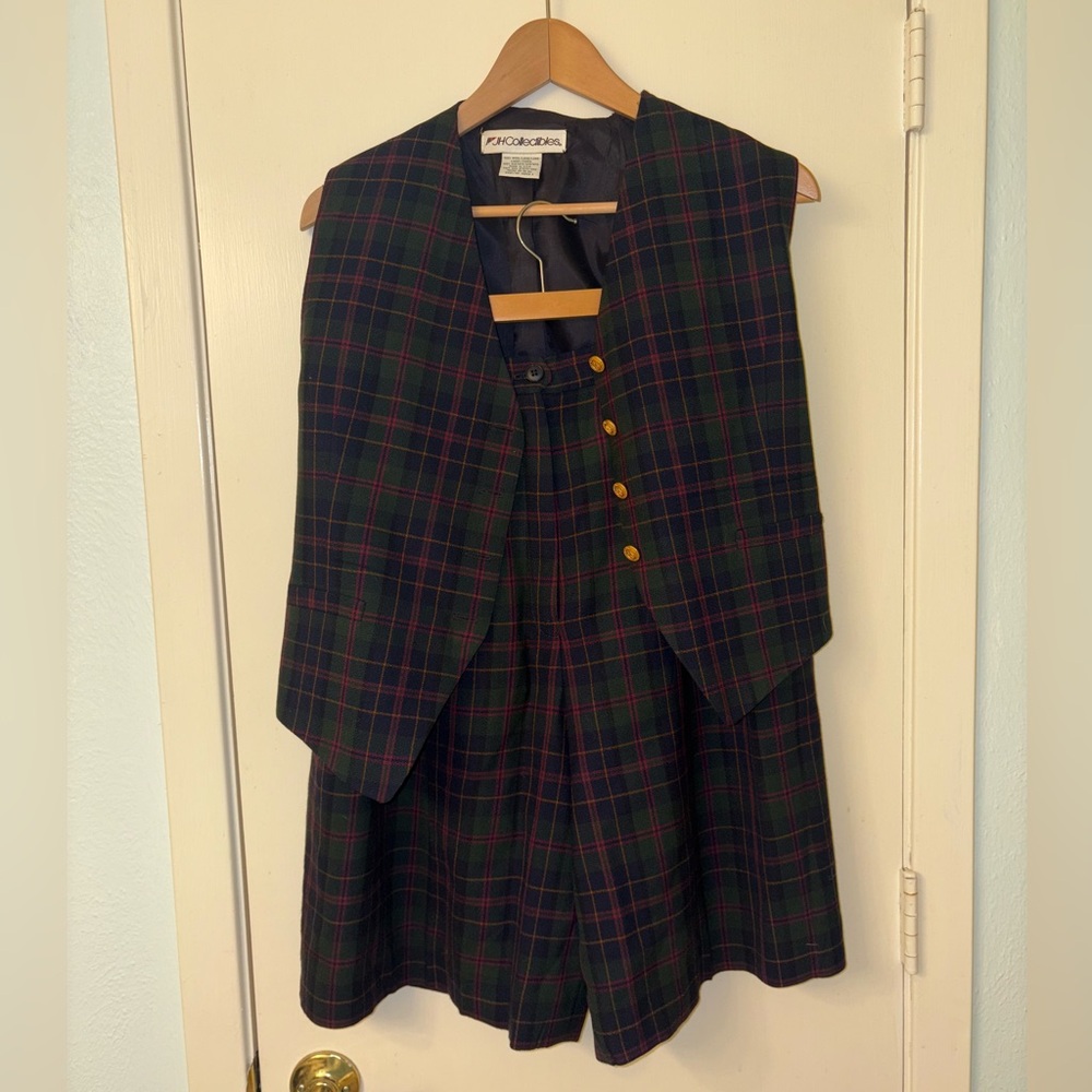 Plaid Tartan 2 Piece Suit Set / Shorts & Vest / 100% Wool Silk Lined